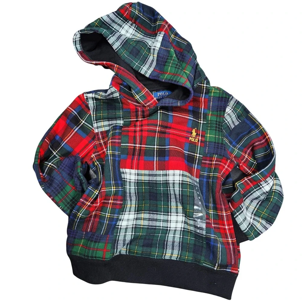 Polo Ralph Lauren Boys Patchwork‎ Plaid Tartan Pullover Hoodie Multicolor Size 6